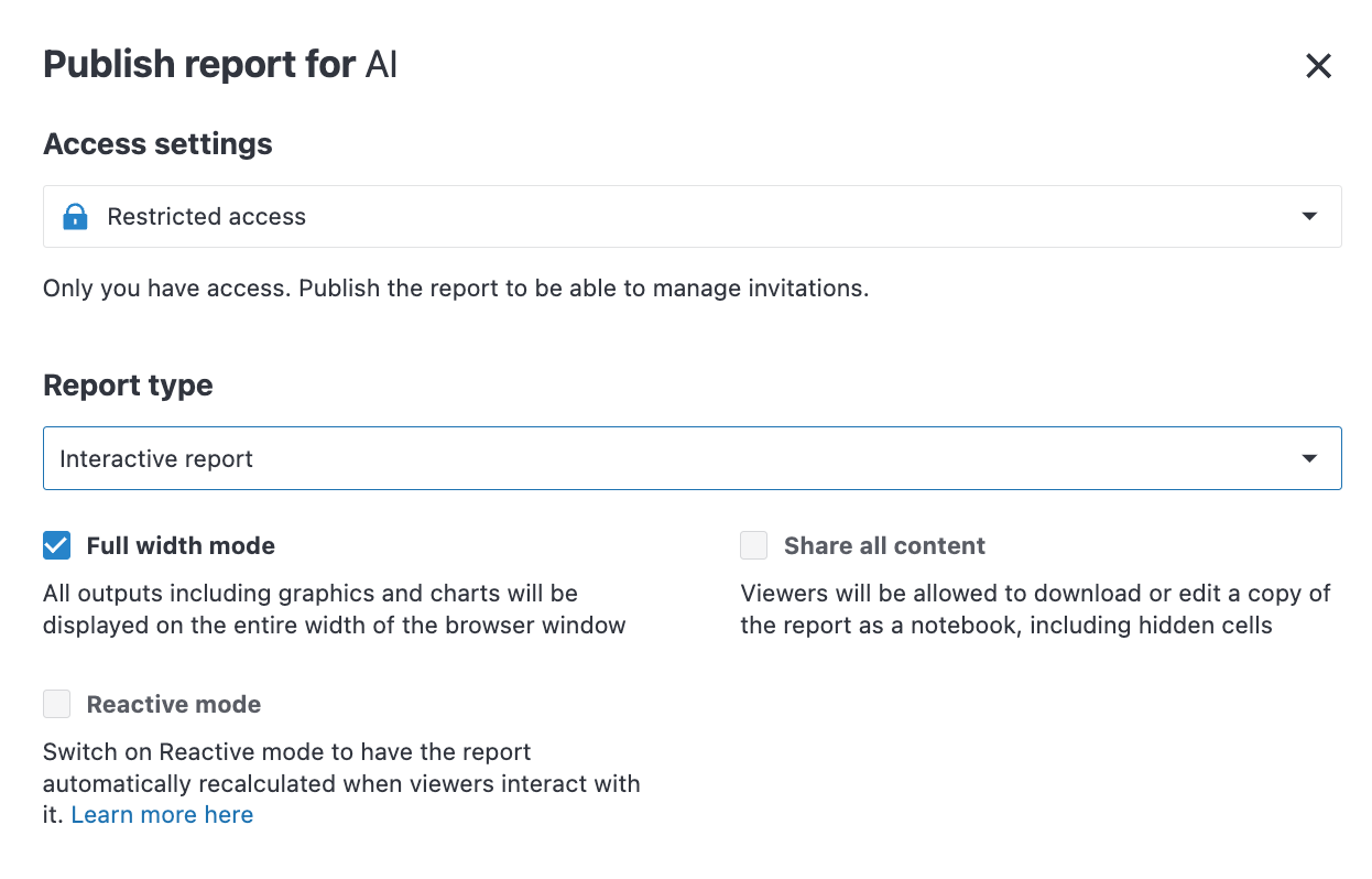 Publish report dialog