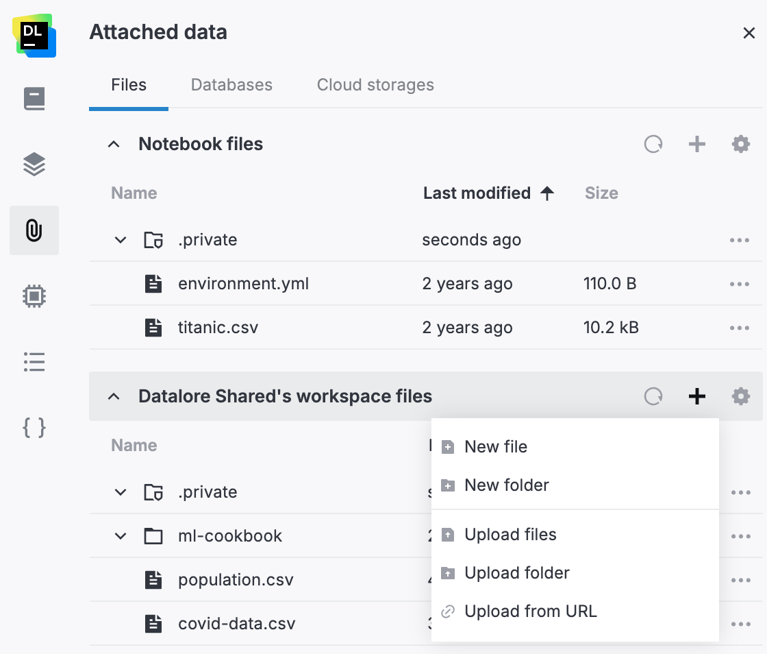 Uploading files into a workspace, Attached data