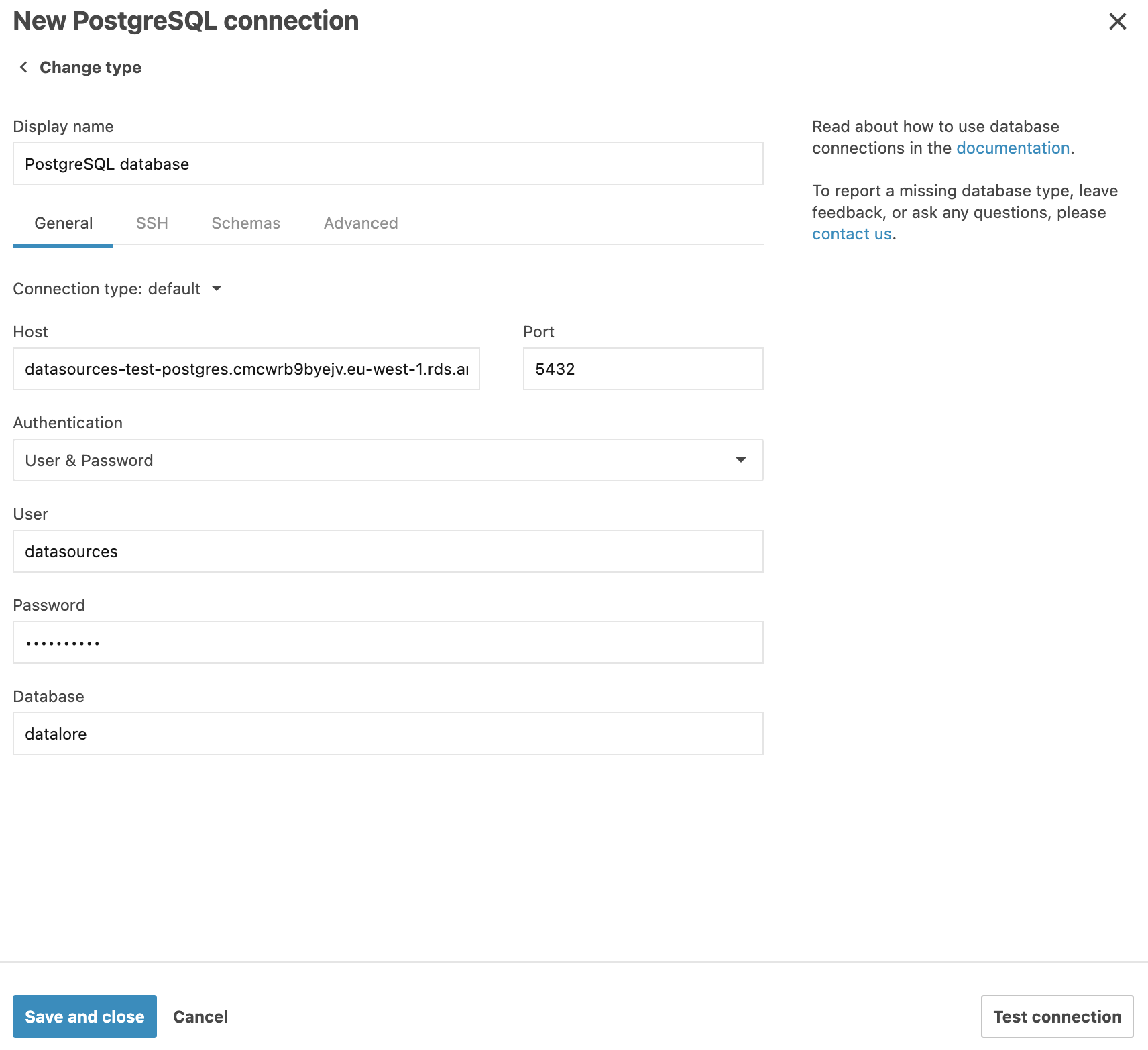 Database connection dialog after importing XML