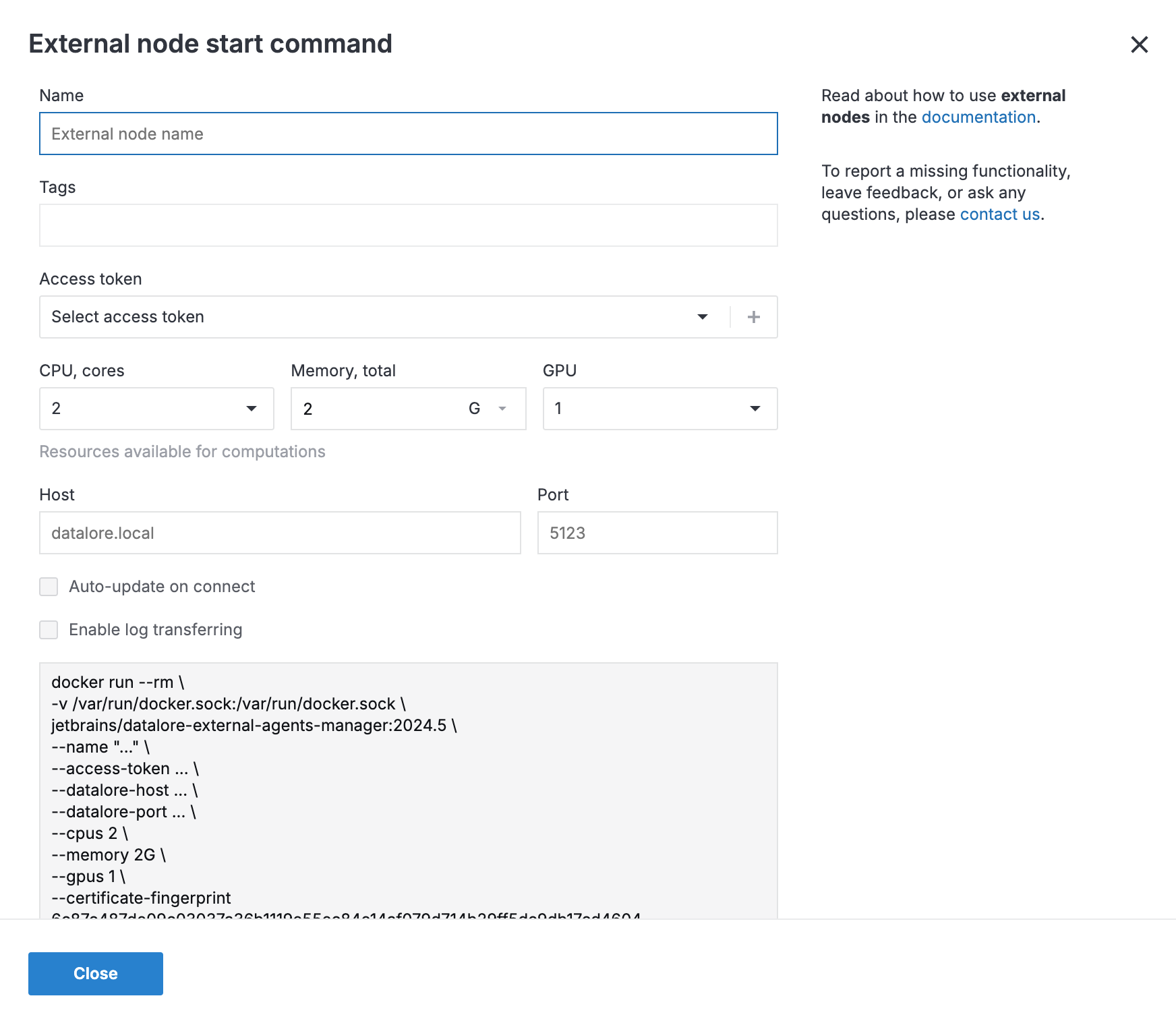 External node start command dialog