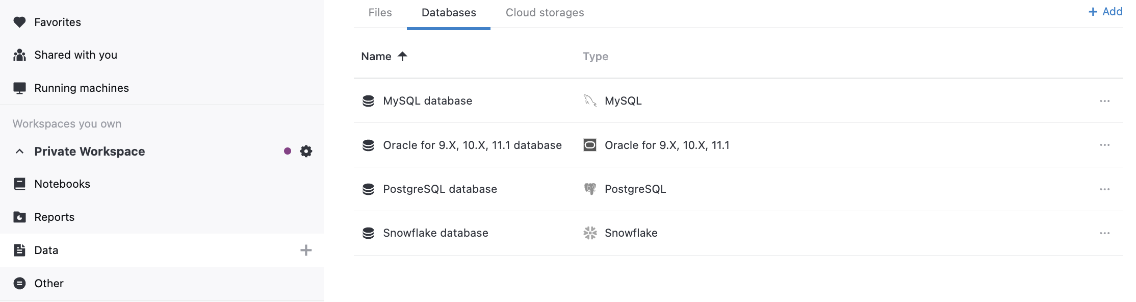 Databases menu