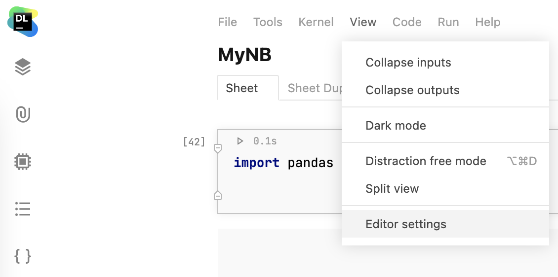 Selecting editor settings from view