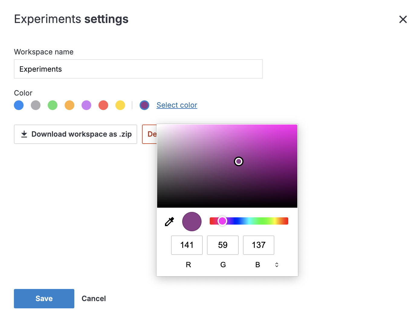 Workspace settings dialog