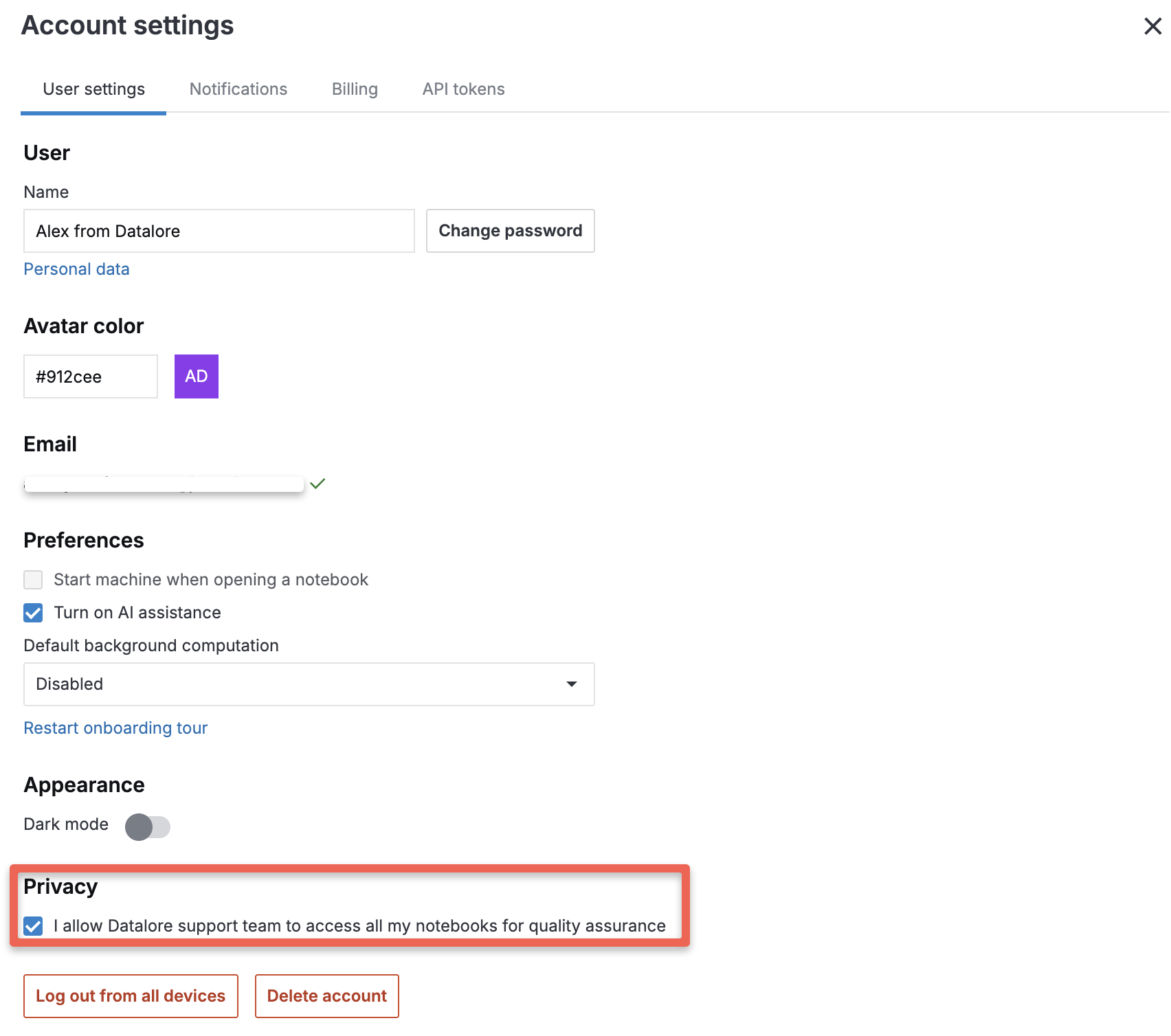 Enabling or disabling content access consent for Datalore support team Enabling or disabling content access consent for Datalore support team