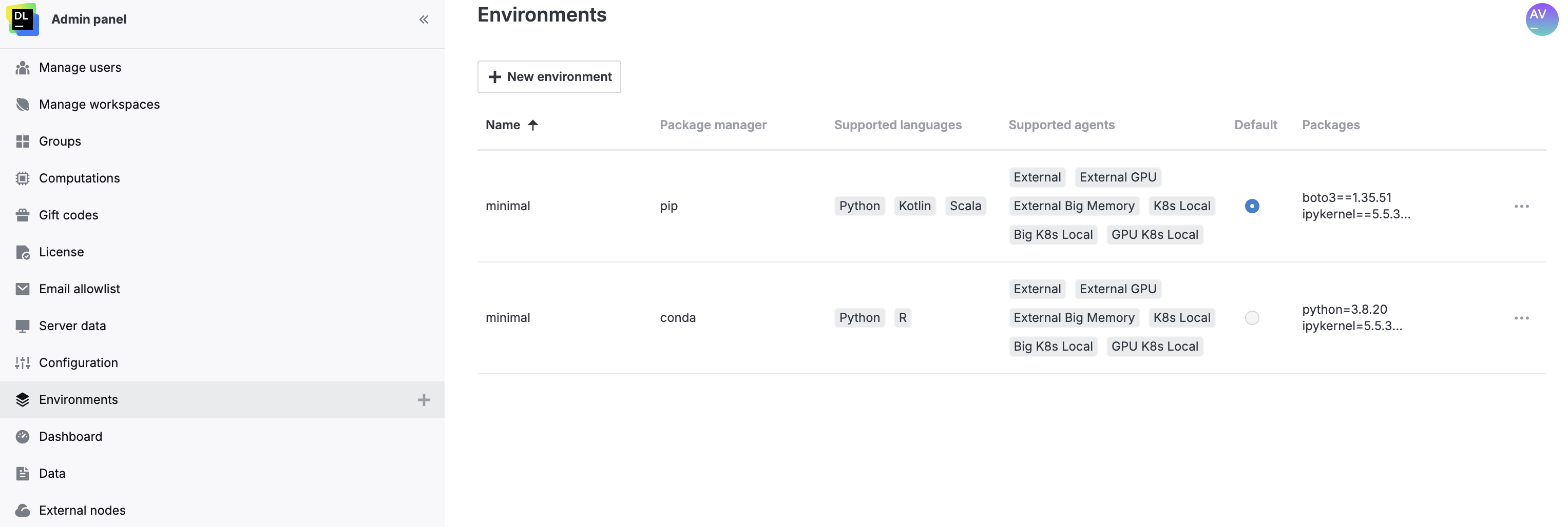 Configure global environments | Datalore Documentation