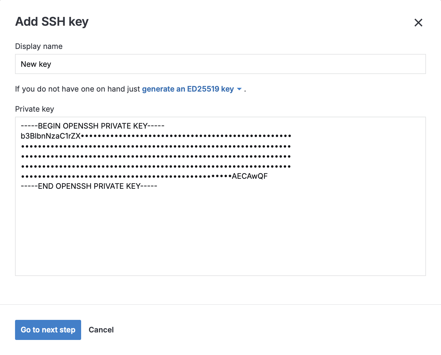Add SSH key dialog with a private key pasted in the Private key field Add SSH key dialog with a private key pasted in the Private key field