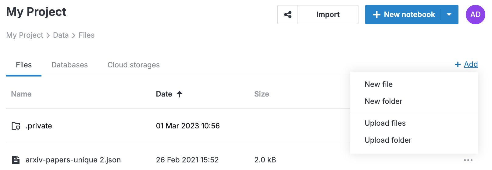 The Files tab with the + Add dropdown open. The options include Upload files The Files tab with the + Add dropdown open. The options include Upload files