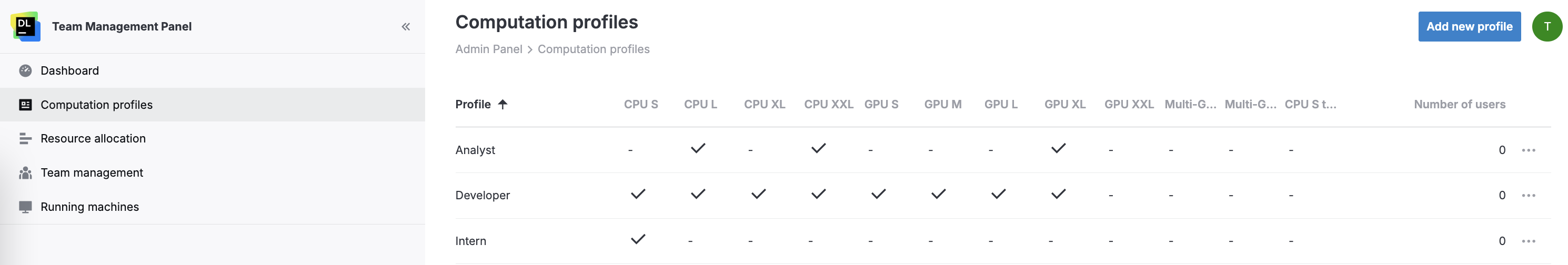 Computation profiles menu Computation profiles menu