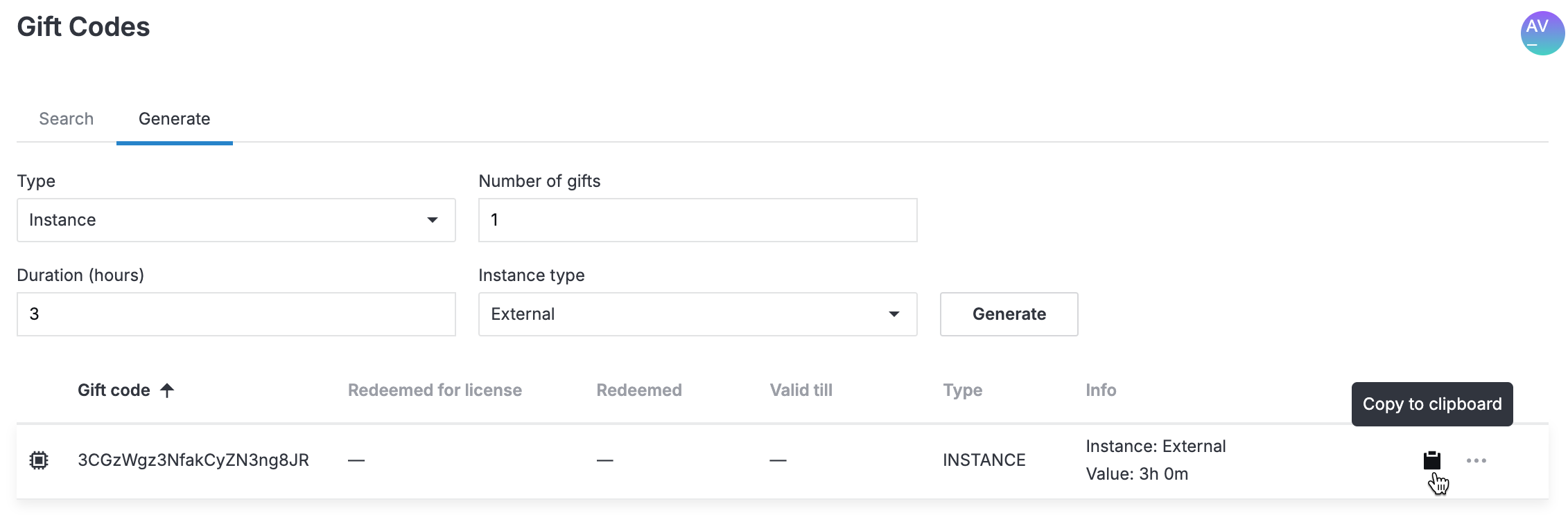 Generating five instance gift codes Generating five instance gift codes