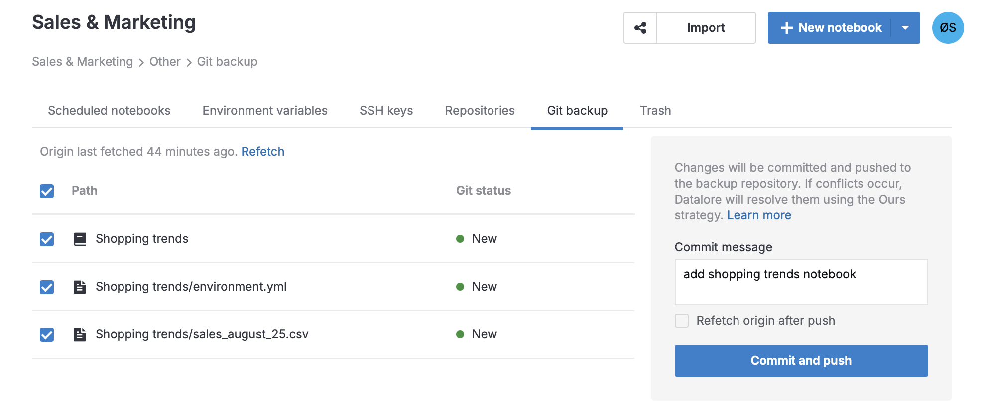 Git backup tab and files selected for commit Git backup tab and files selected for commit