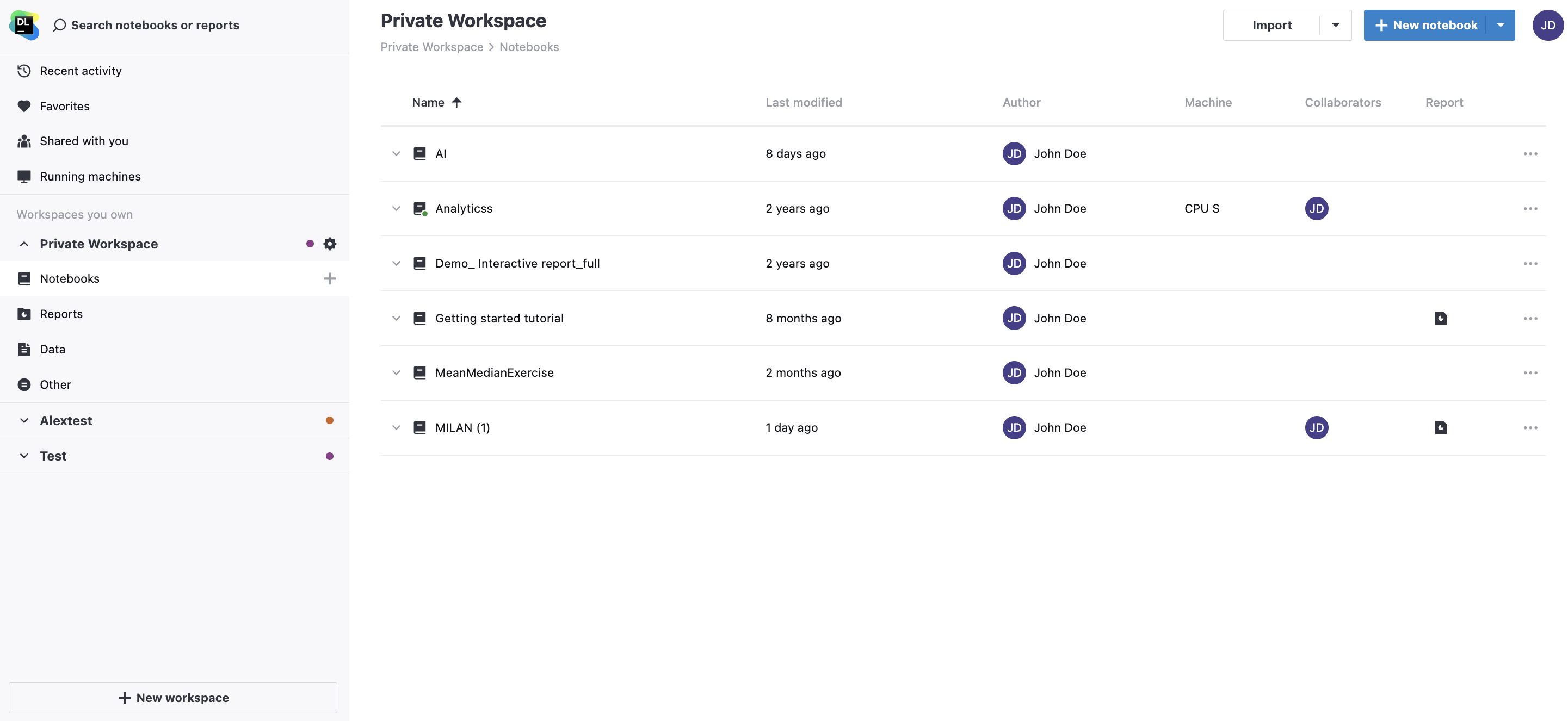 Viewing notebooks of the selected workspace Viewing notebooks of the selected workspace