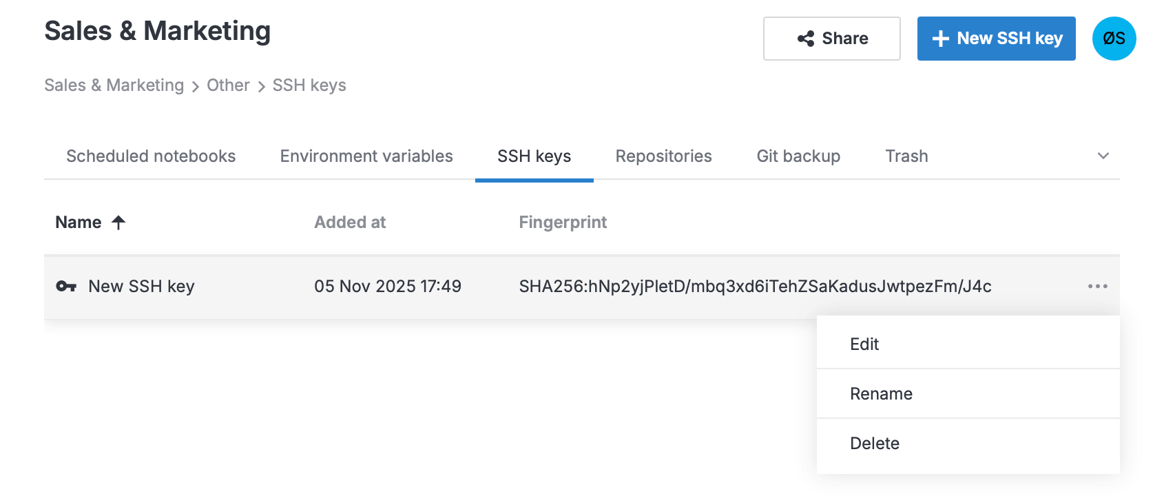 'SSH keys' tab with an action menu open