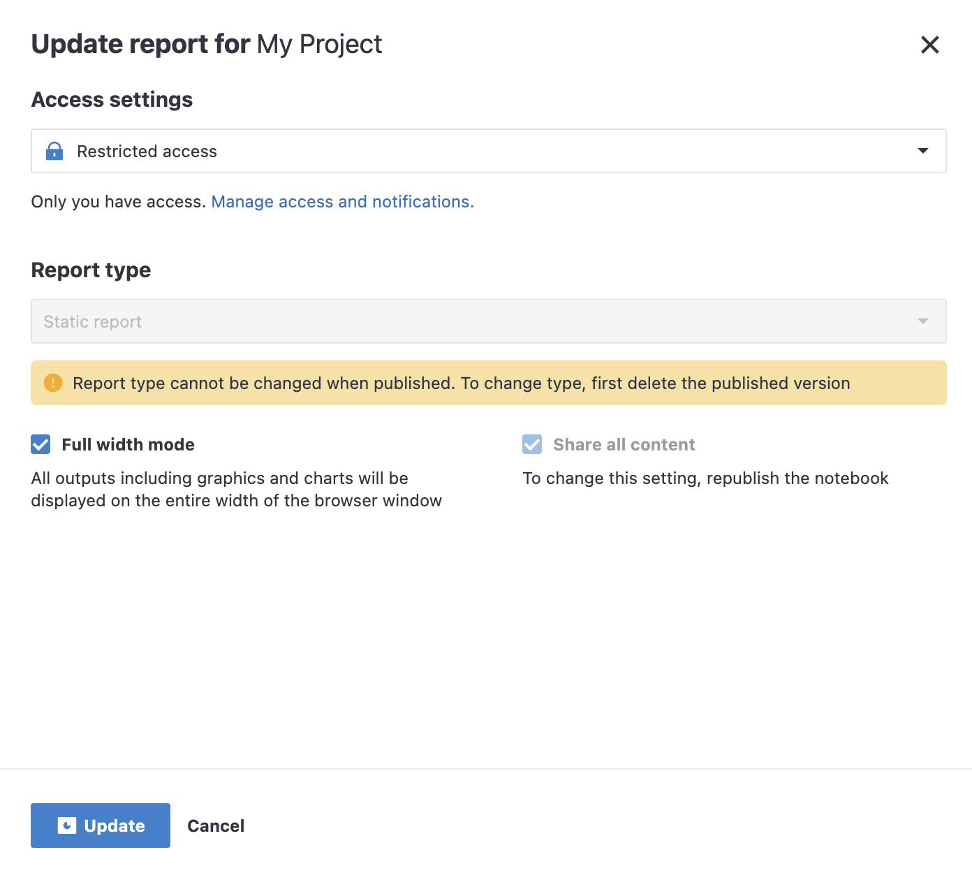 Update report dialog Update report dialog