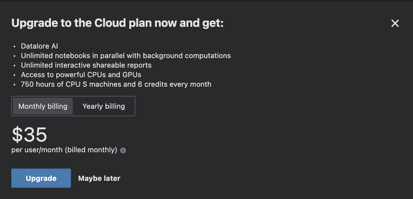 Upgrade to Cloud plan | Datalore Documentation