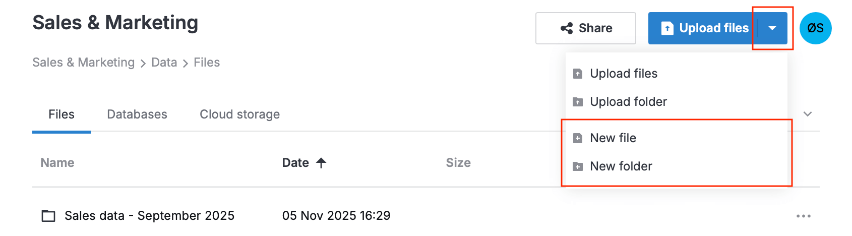 The Files tab with the options dropdown open. The options include New file and New folder The Files tab with the options dropdown open. The options include New file and New folder
