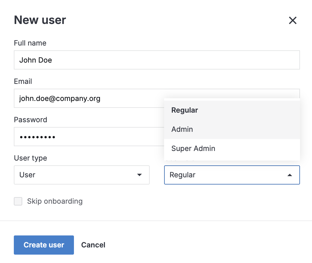 Screenshot of the New user dialog