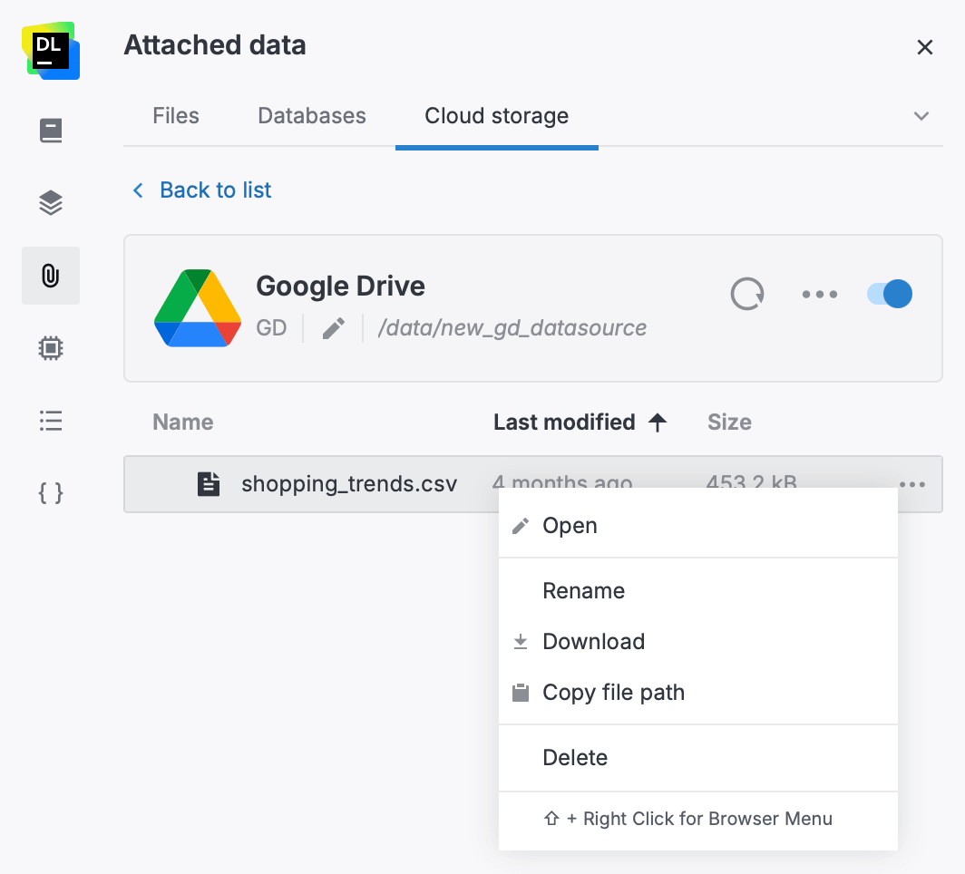 Cloud storage file menu