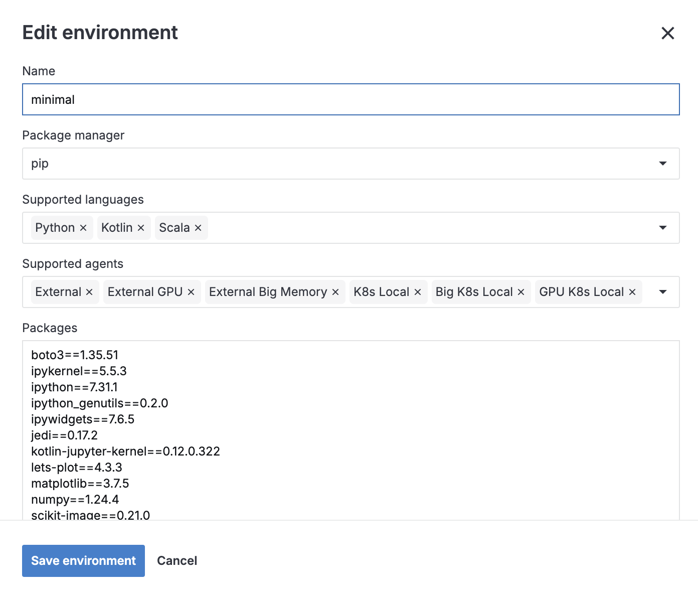 Edit environment dialog