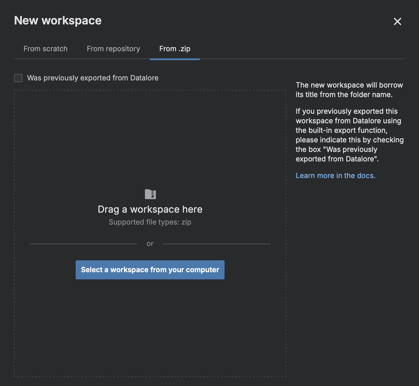 Import a workspace from a ZIP file | Datalore Documentation