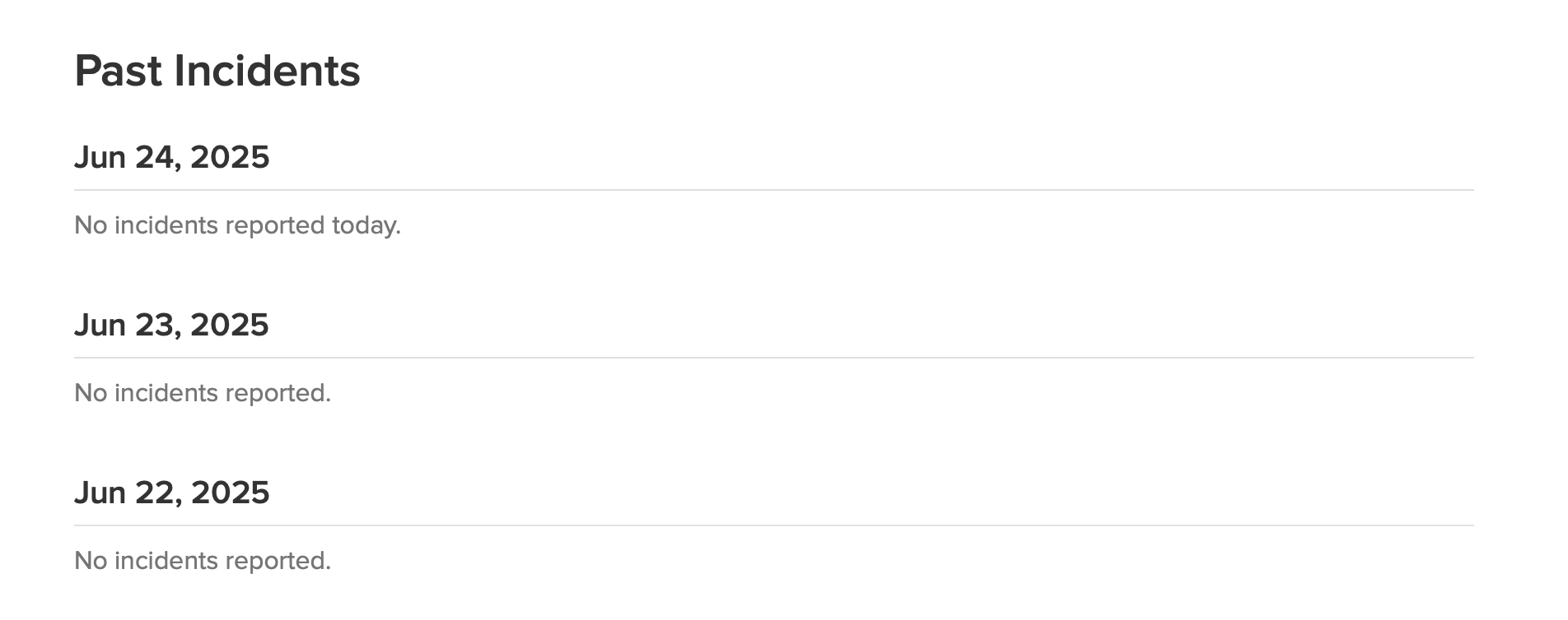 List of past incidents on the Datalore Cloud status page