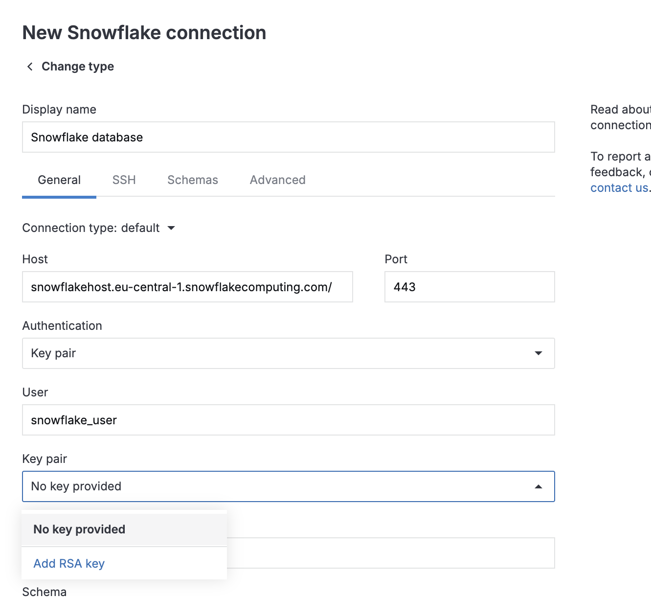 Datalore's Snowflake connection key pair configuration