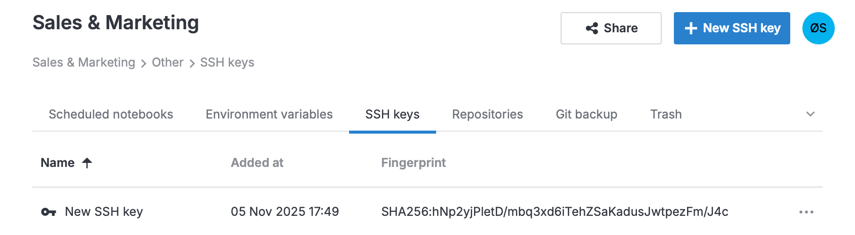 'SSH keys' tab