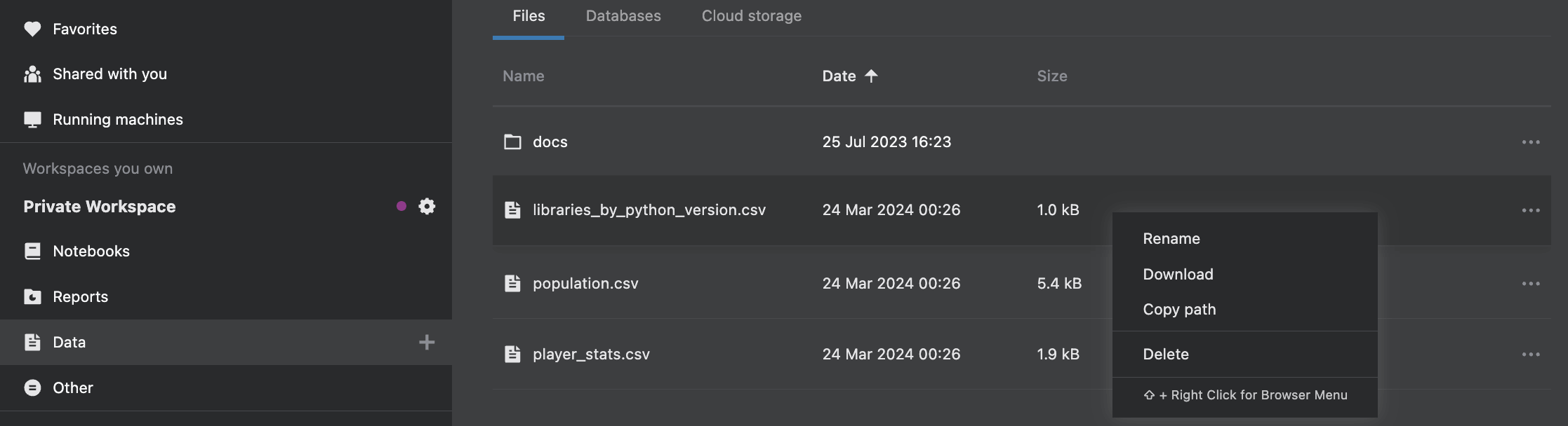 Manage files on the Home page | Datalore Documentation
