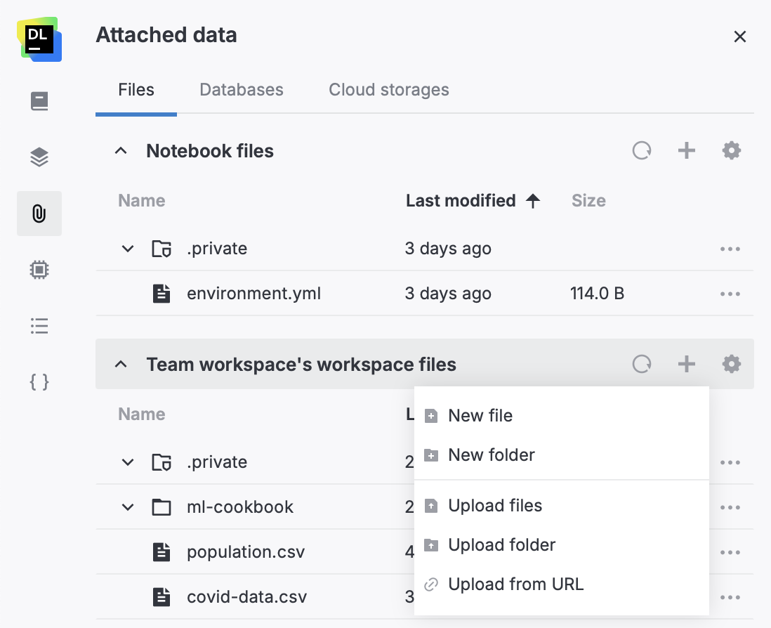 Dropdown menu with options to create or upload a workspace file or folder Dropdown menu with options to create or upload a workspace file or folder