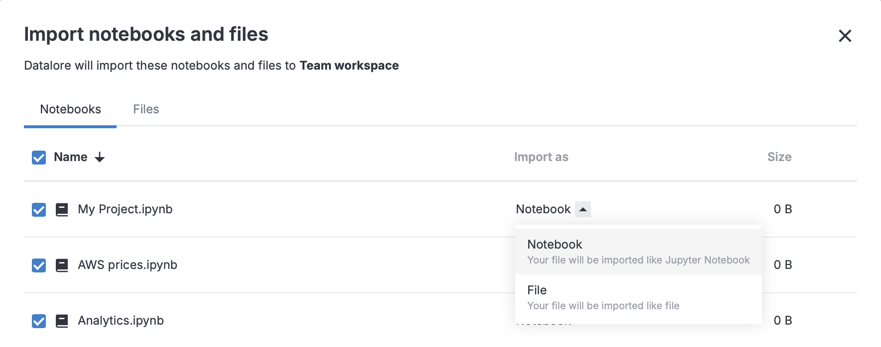 Import notebooks and files dialog prompting the user to specity import options Import notebooks and files dialog prompting the user to specity import options