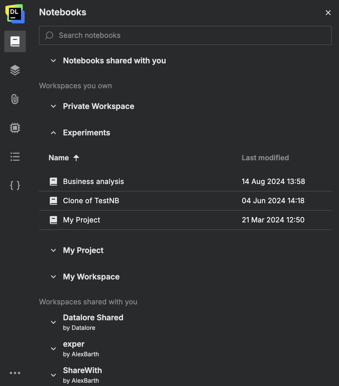 Access workspaces and notebooks | Datalore Documentation
