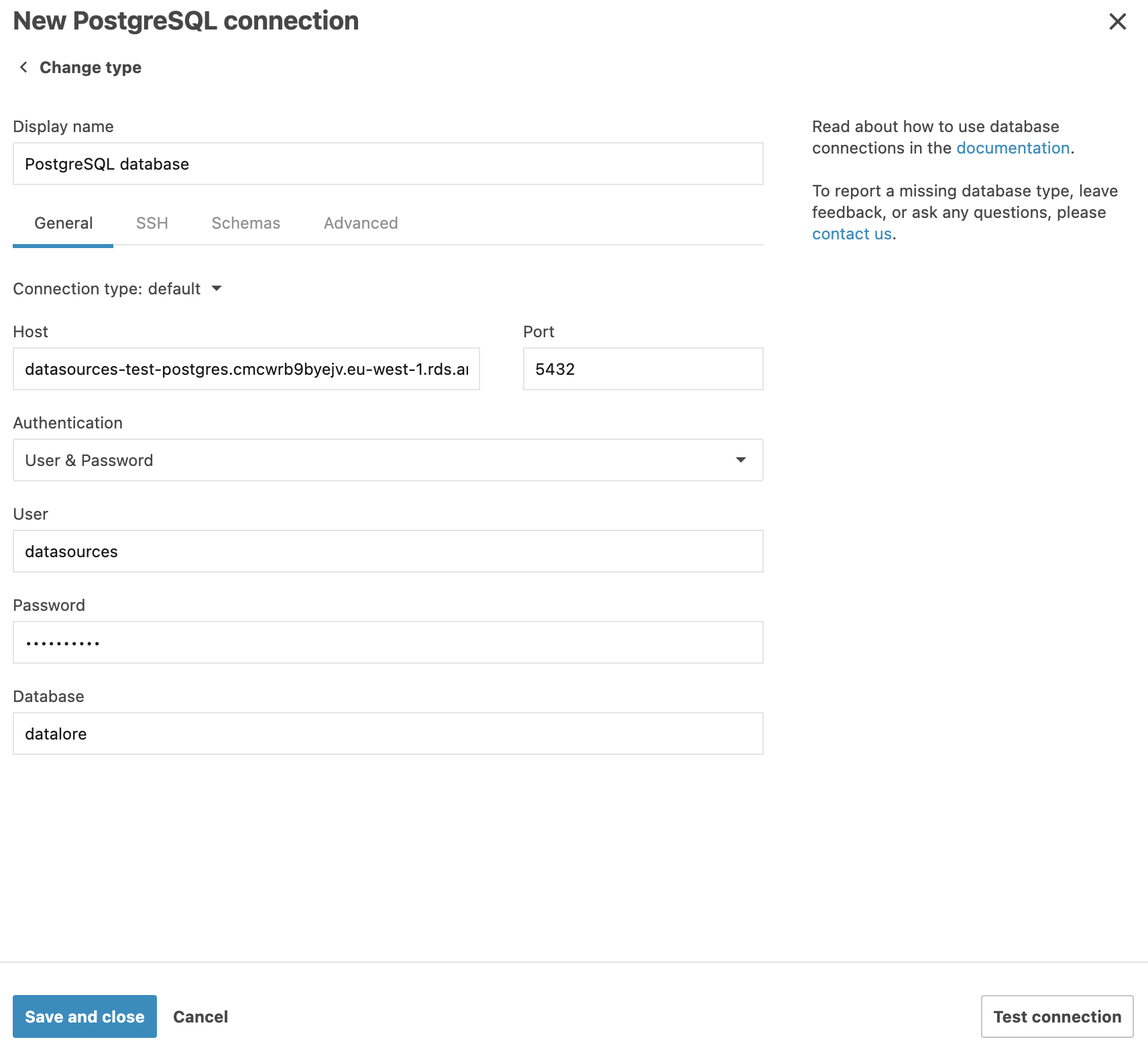 Database connection dialog after importing XML Database connection dialog after importing XML