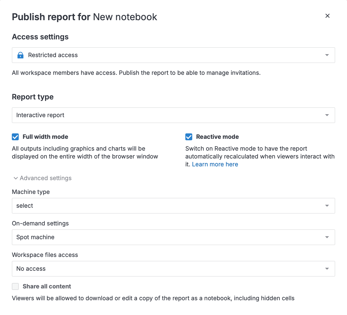 Publish report dialog Publish report dialog