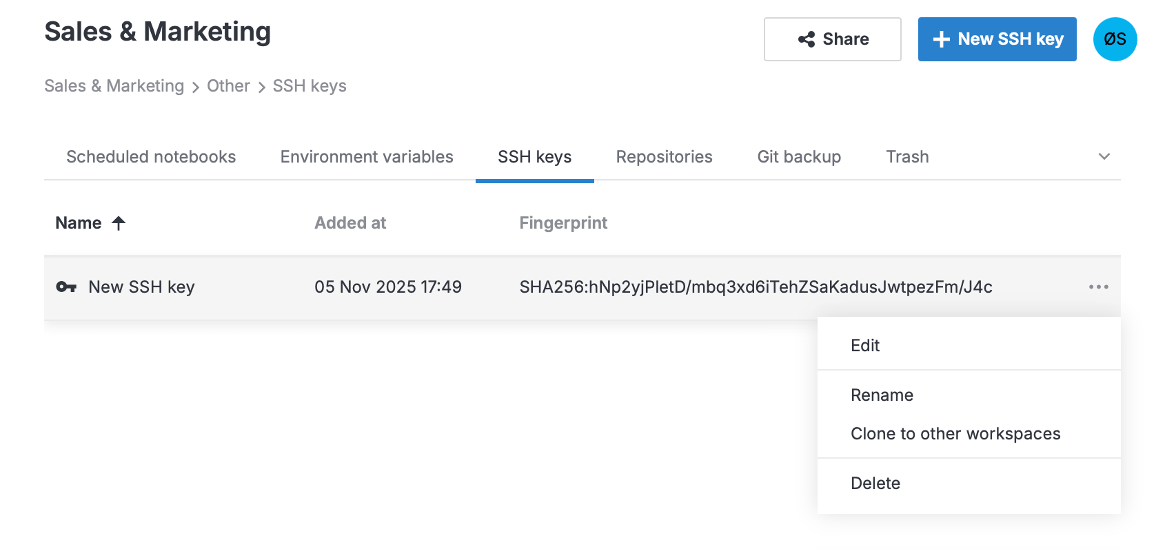 'SSH keys' tab with an action menu open 'SSH keys' tab with an action menu open