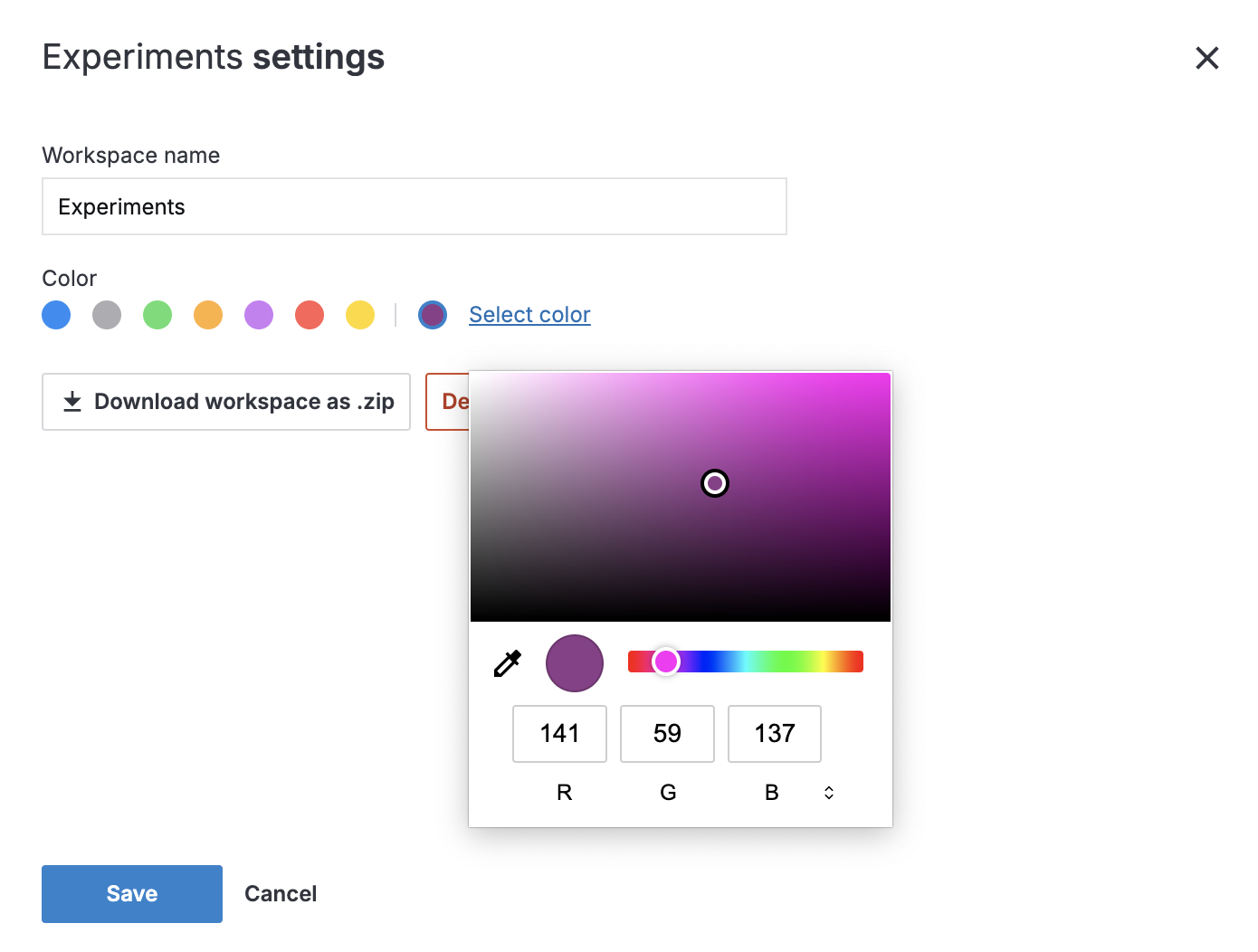 Workspace settings dialog Workspace settings dialog