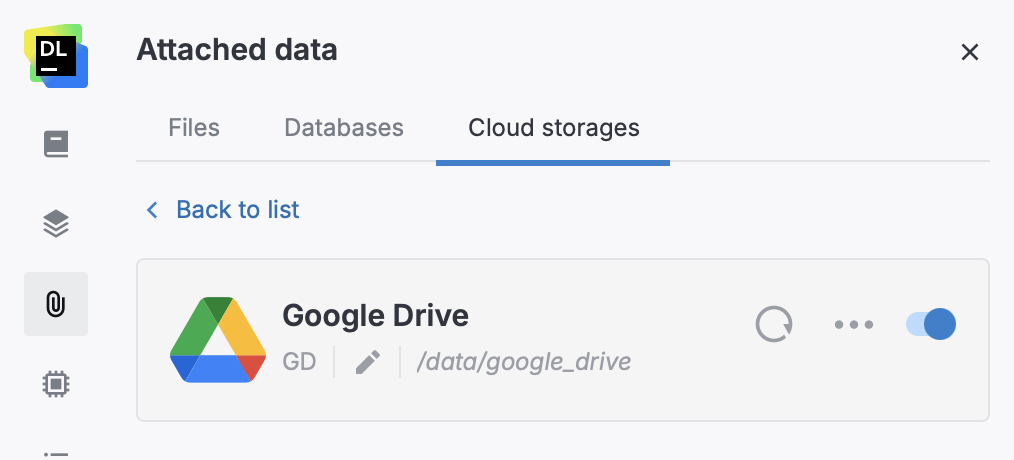 Google Drive connection сard in the Attached data section Google Drive connection сard in the Attached data section