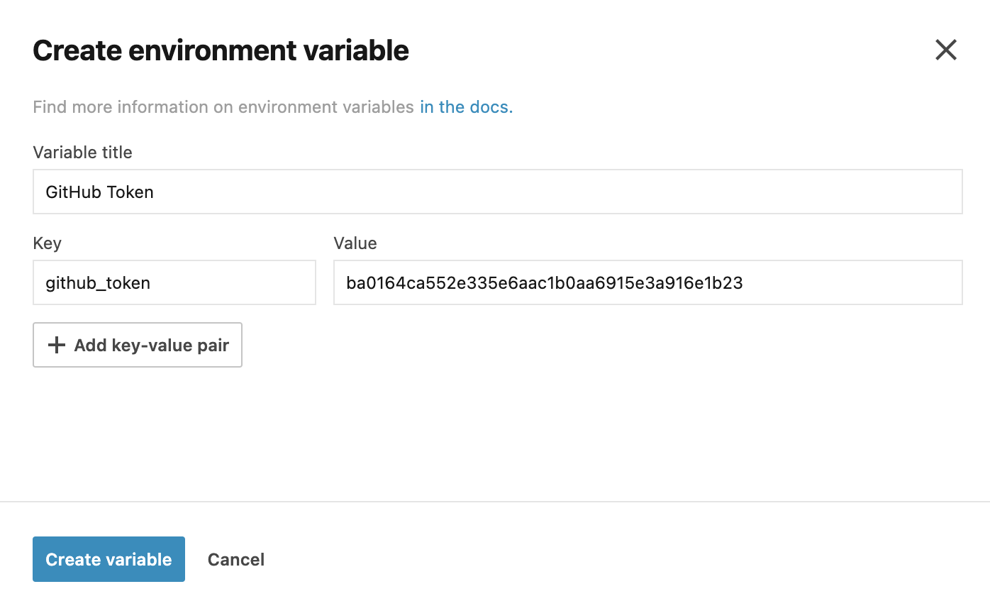 Screenshot of the Create environment variable dialog