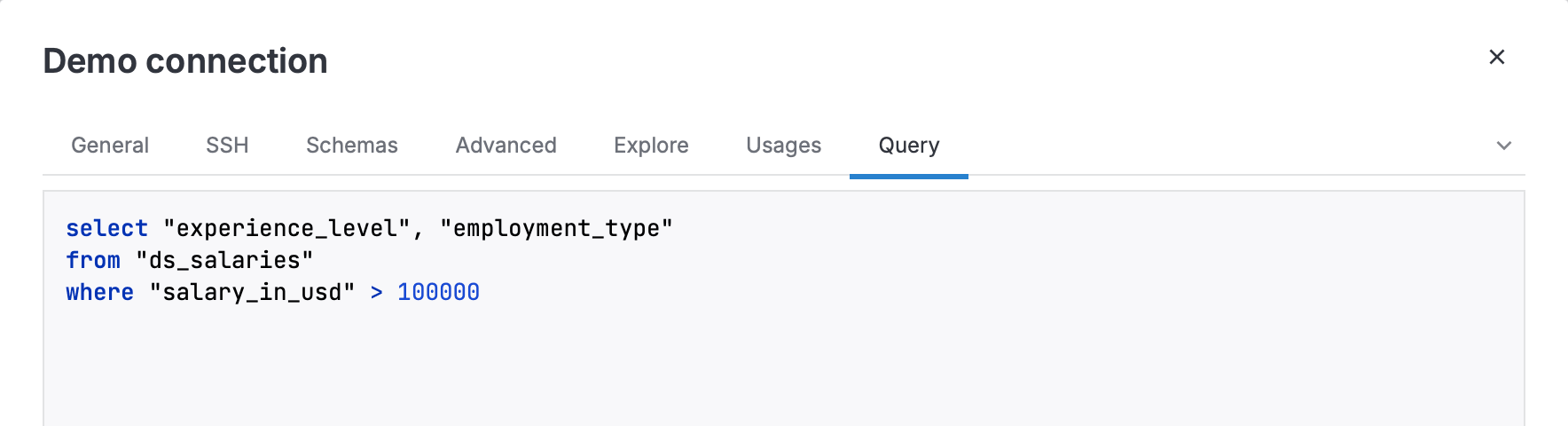 A Database connection dialog with the Query tab opened
