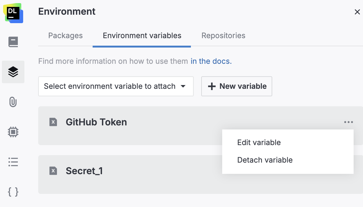 Environment variable menu Environment variable menu