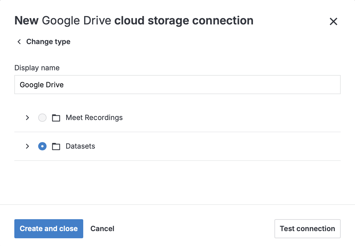 New Google Drive cloud storage connection dialog New Google Drive cloud storage connection dialog