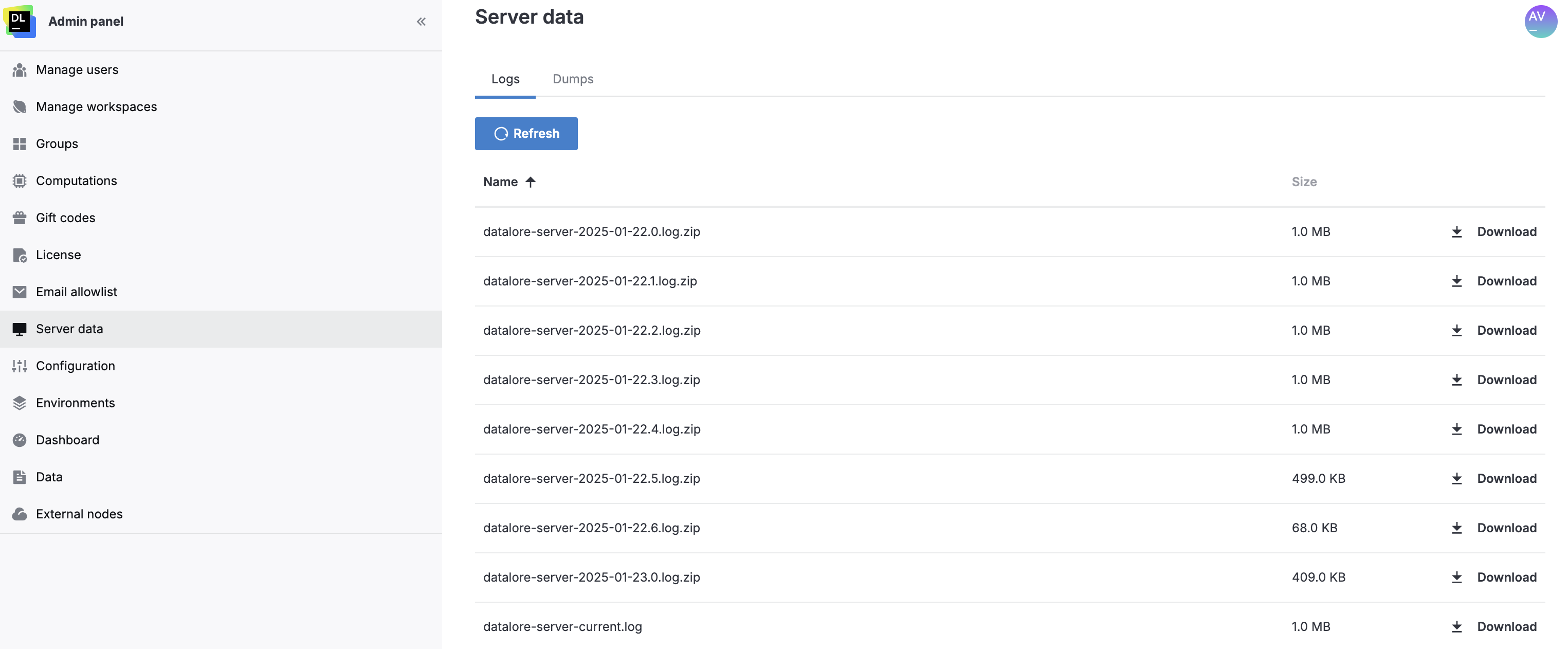 Downloading server logs Downloading server logs