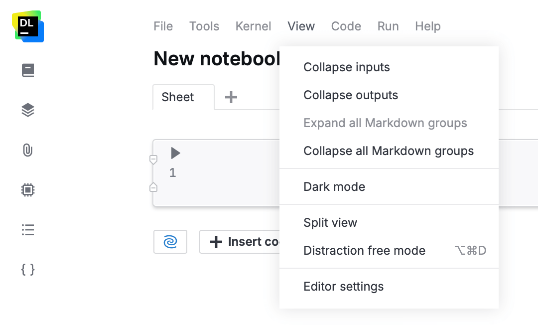 View menu opened in a notebook