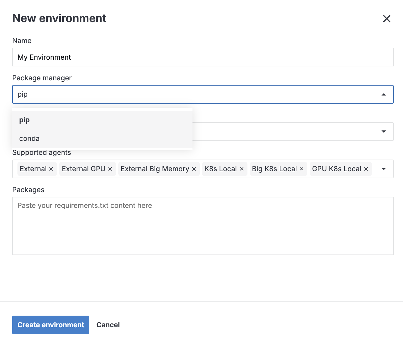 New environment dialog New environment dialog