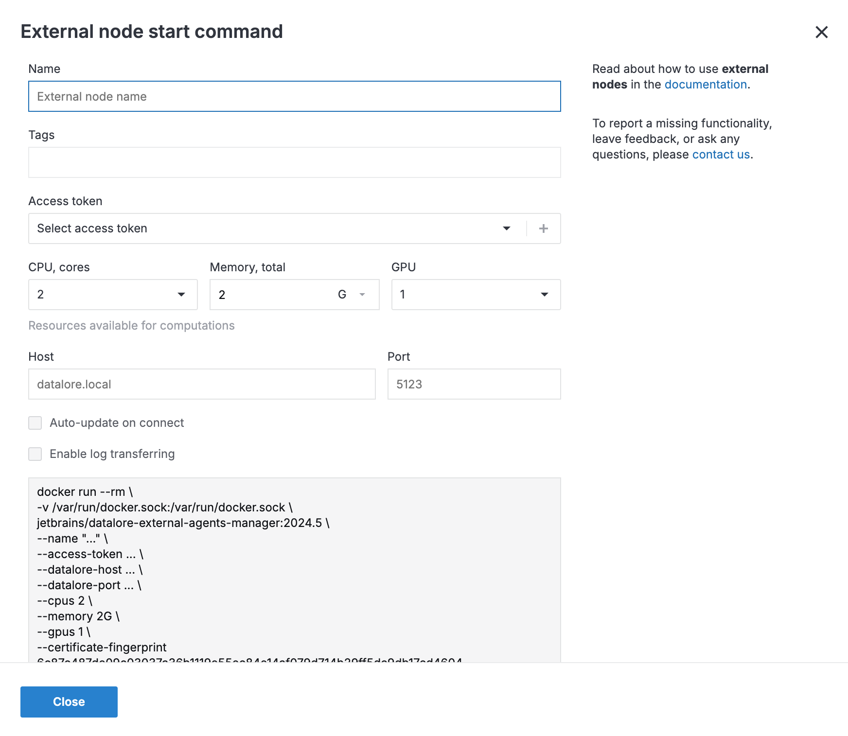 External node start command dialog External node start command dialog