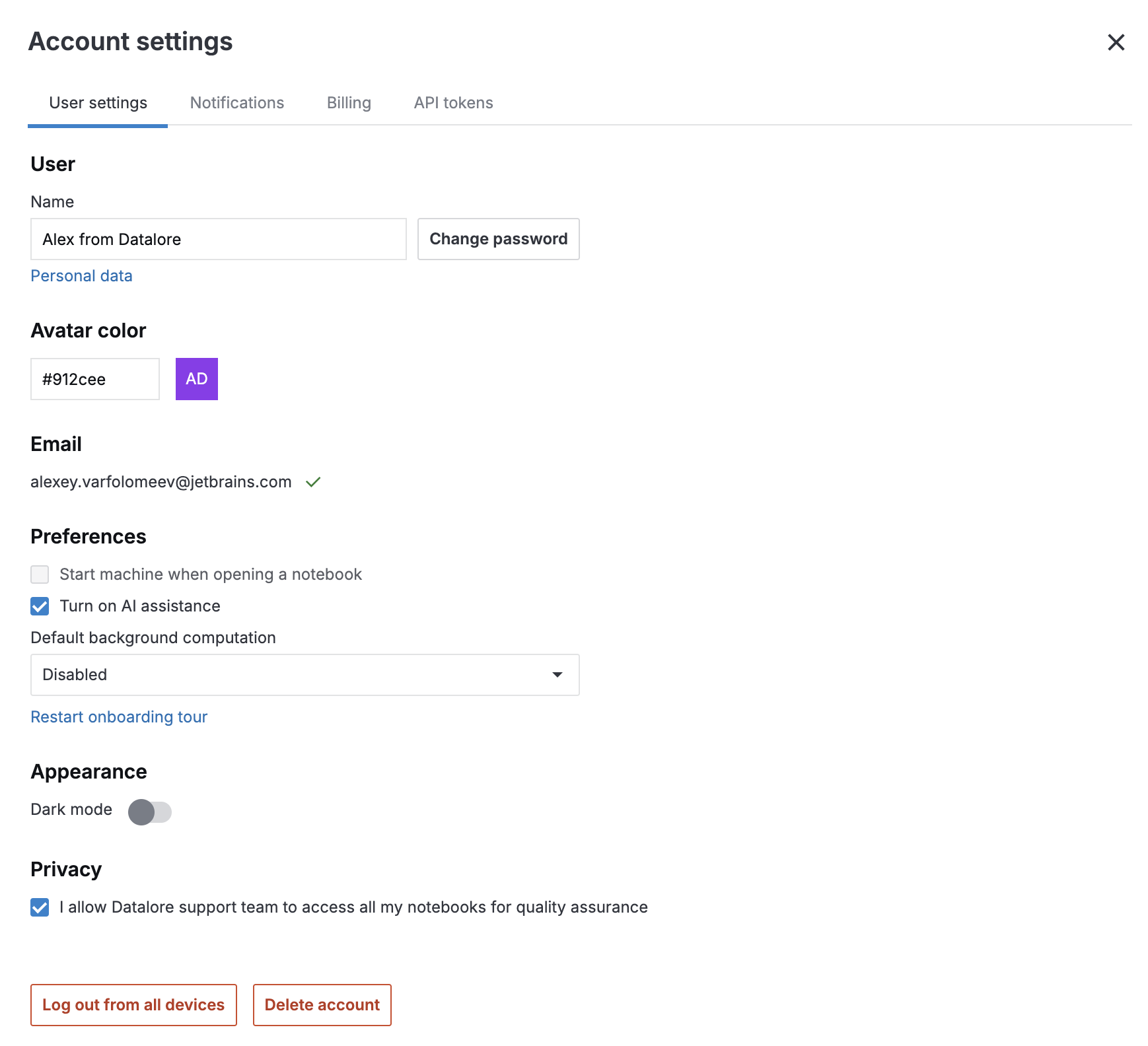 User settings tab