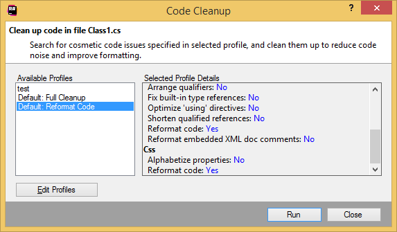Code Cleanup dialog box Code Cleanup dialog box