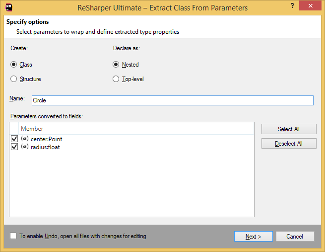 ReSharper. Creating a class from method's parameters ReSharper. Creating a class from method's parameters