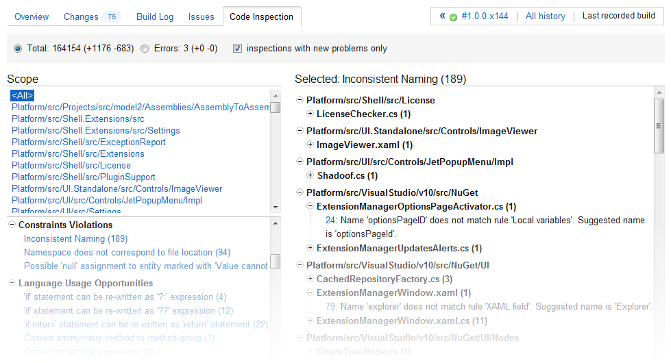 Visual presentation of code issues in JetBrains TeamCity web interface
