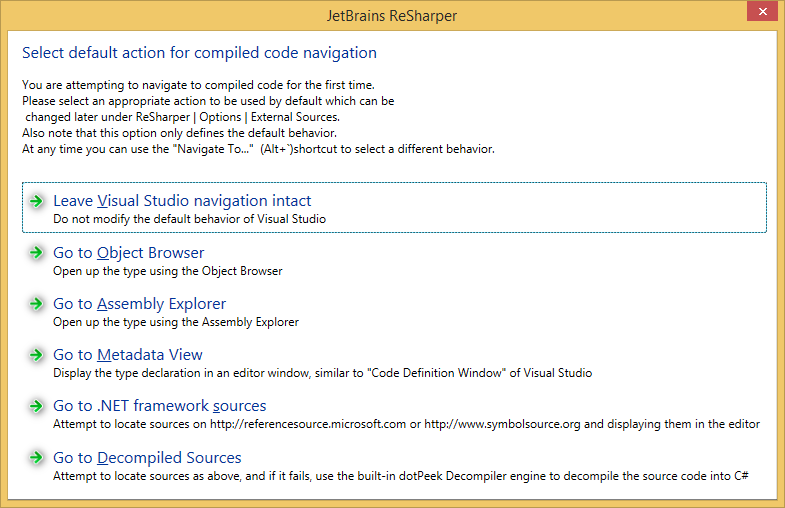Selecting default action for navigating to compiled code Selecting default action for navigating to compiled code