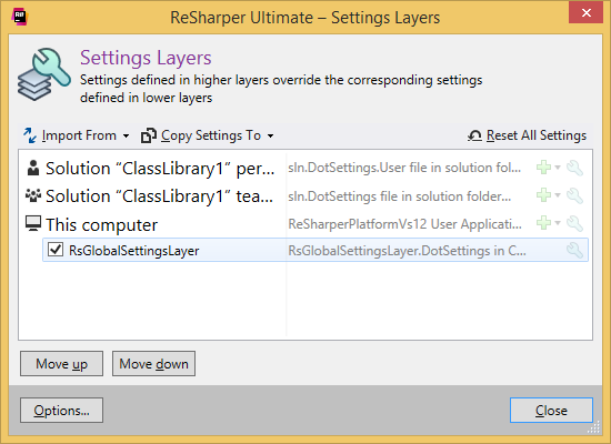 ReSharper. 'Setting Layers' dialog box ReSharper. 'Setting Layers' dialog box