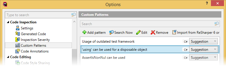 Pattern catalog in ReSharper options Pattern catalog in ReSharper options